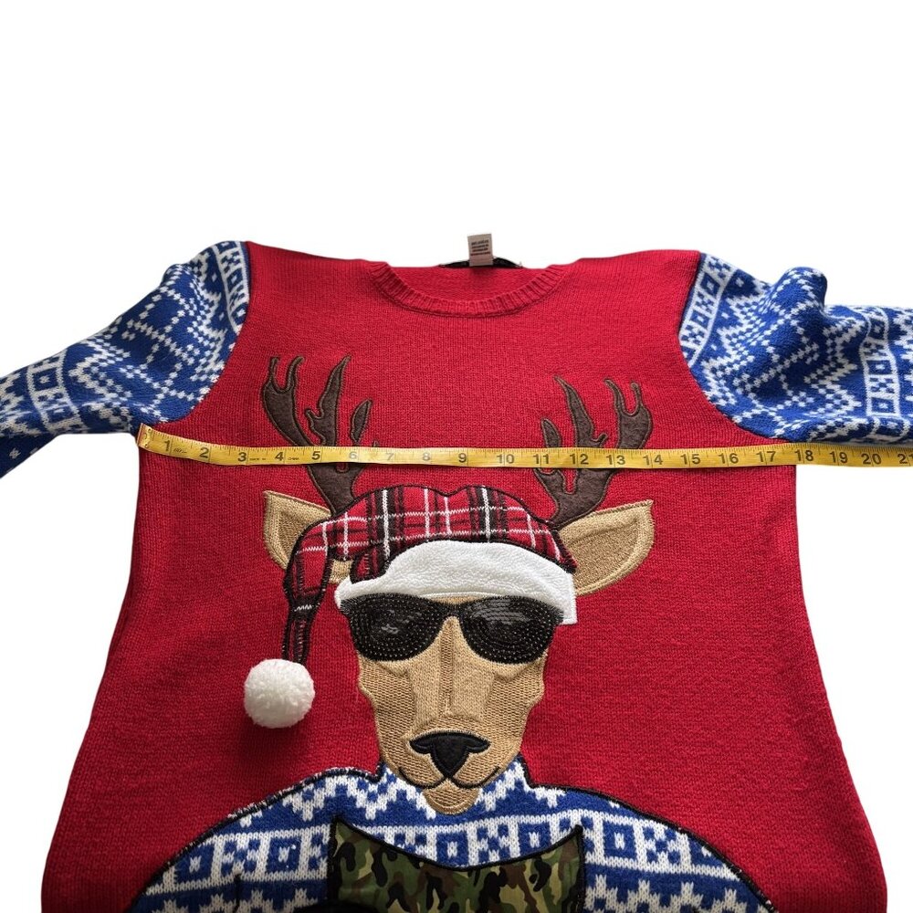 Funny Christmas Sweater With Reindeer Wearing Sunglasses & Santa Hat Red - Picture 7 of 8